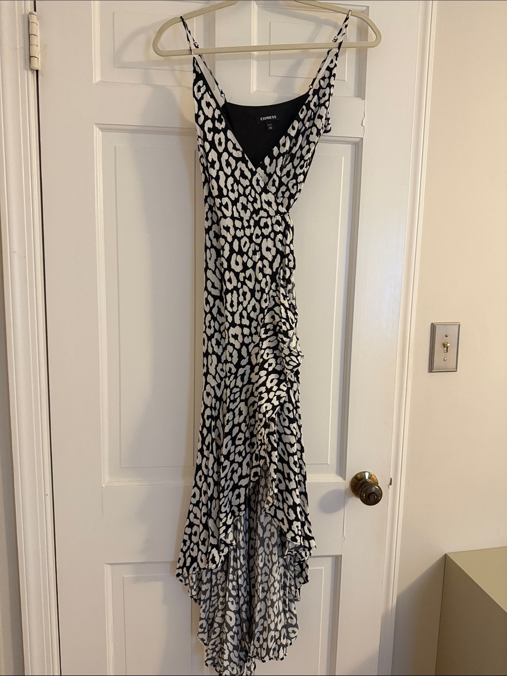 Express Black and White Animal-Print High-Low Wrap Dress